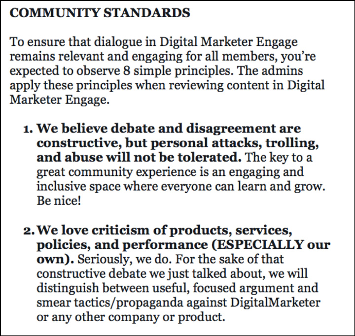 An excerpt from DM Engage's current Community Guidelines
