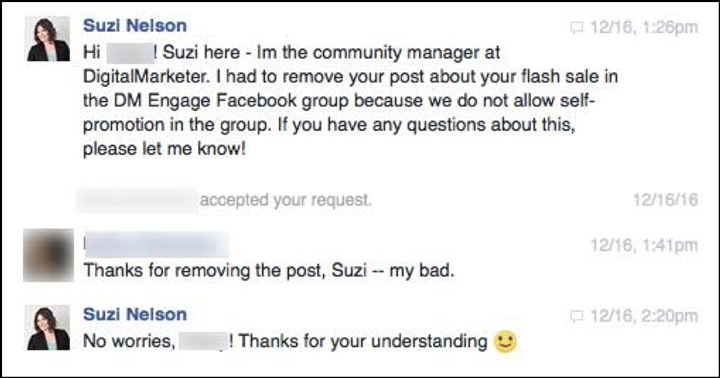 An example of Suzi reaching out to a DM Engage member privately about a rule violation