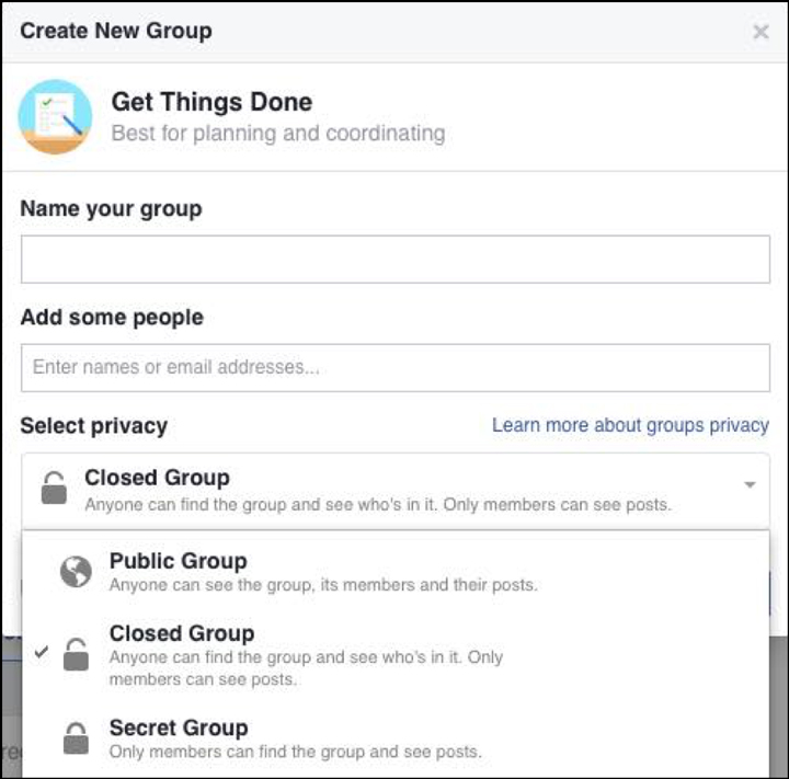 Options for creating a new group in Facebook