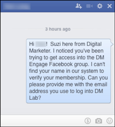 Suzi following up with a person in Facebook Messenger about their request to join DM Enage