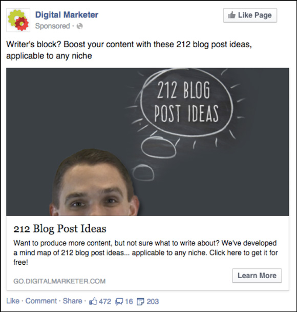 Facebook Ad to 212 Blog Post Ideas Lead Magnet