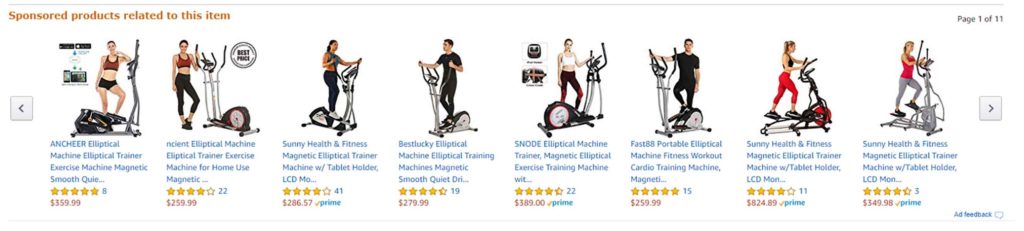 Example of the sponsored section in Amazon for ellipticals