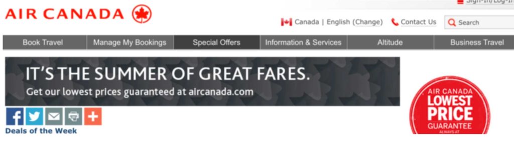 Air Canada landing page