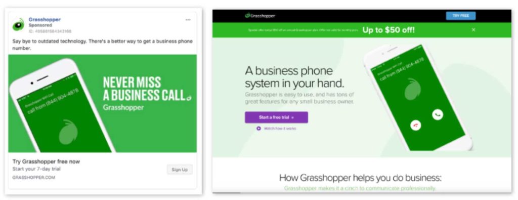 Grasshopper Facebook ad and landing page