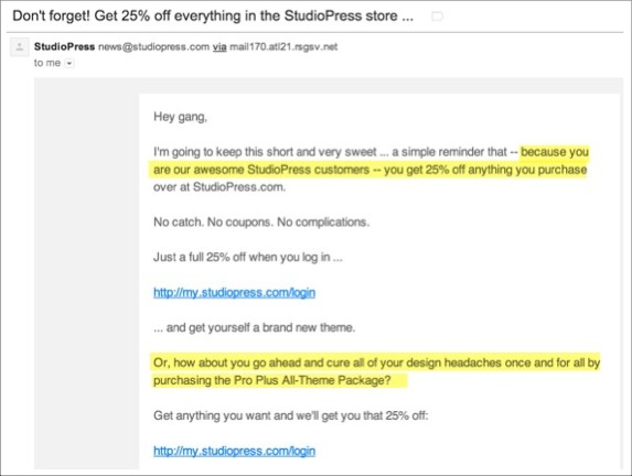Example Engage Email from StudioPress