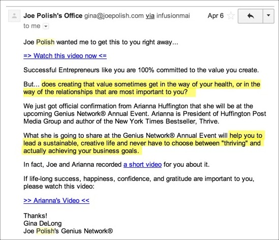 Example From Joe Polish Email Marketing
