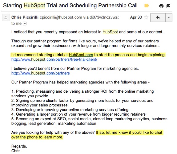 Example Engagement Email from HubSpot