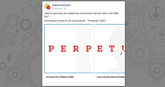 Facebook carousel ad promoting the launch of the Perpetual Traffic podcast.
