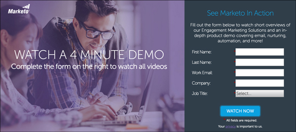 Marketo is using a video tool demo as a Lead Magnet to entice people to try out their tool