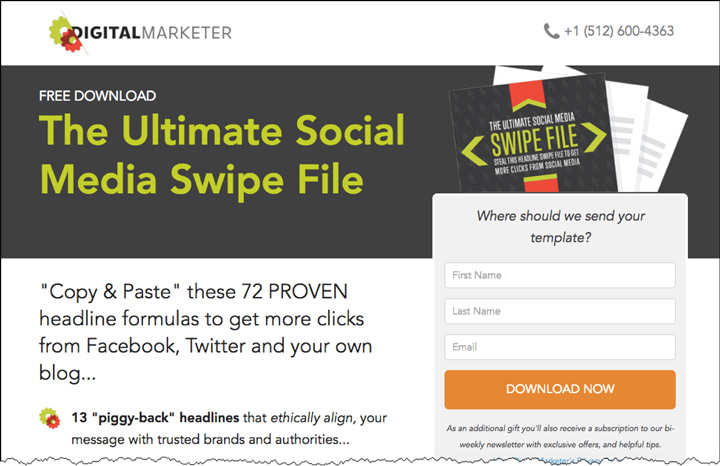 The Ultimate Social Media Swipe File landing page