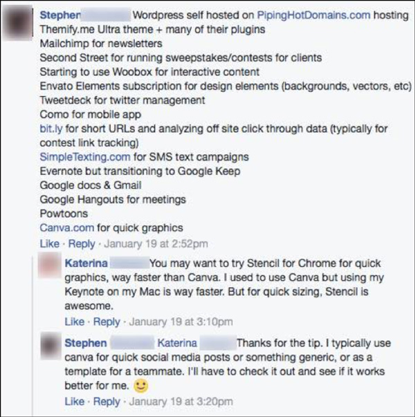 An example of DigtialMarketer Engage community members giving each other tips