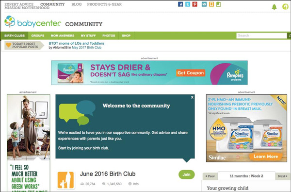 An example of a automated welcome message from the BabyCenter Community