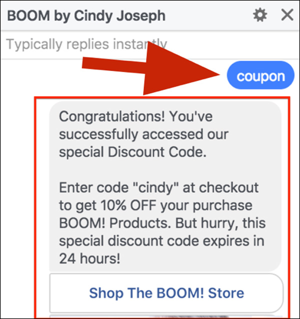 Example of BOOM! chatbot coupon response
