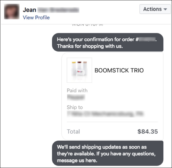 An example of sending your customer their order info using Facebook Messenger