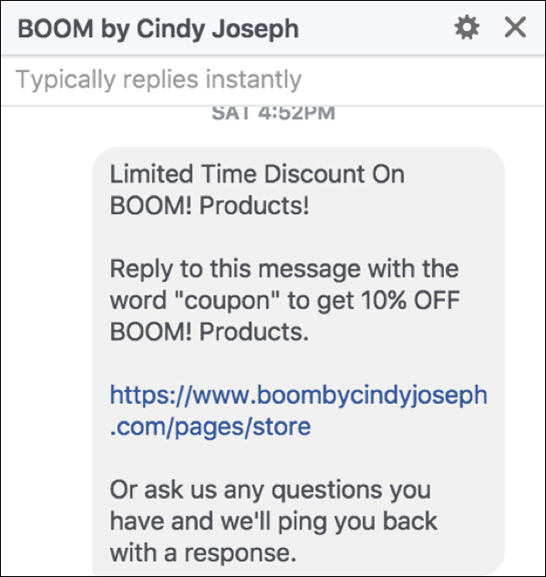 BOOM! pre-written Facebook Messenger message