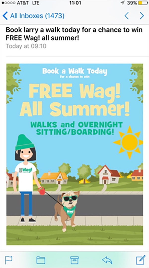 Wag! promotional email with a contest to win Wag! all summer