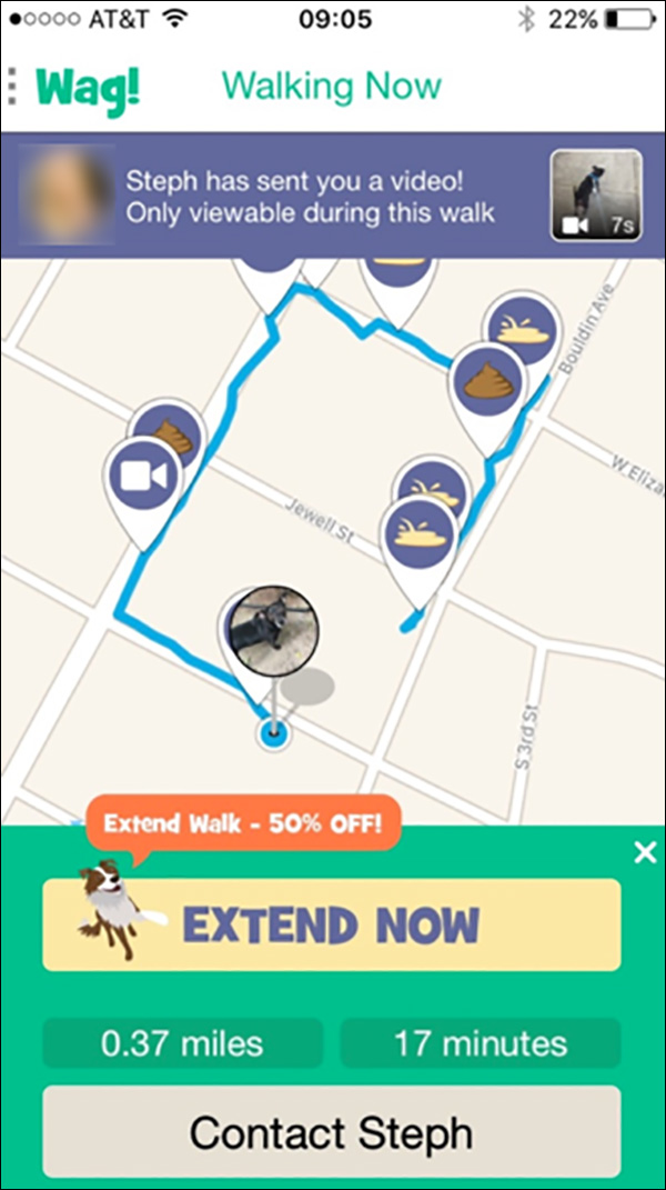 Wag's! app showing your dog's walk in real time