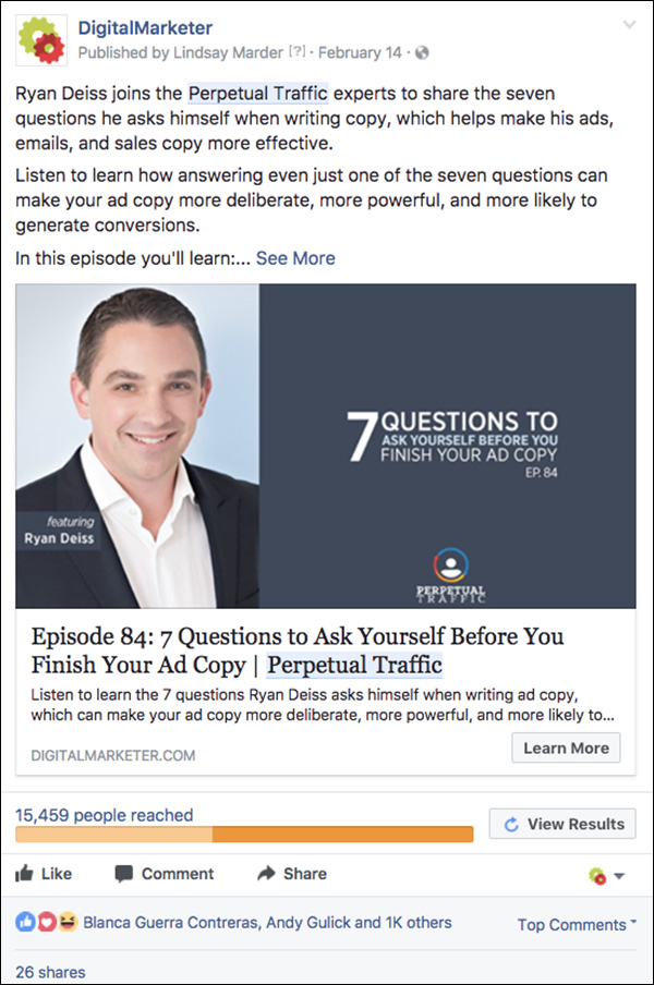 Example of a boosted Facebook post promoting the Perpetual Traffic podcast.