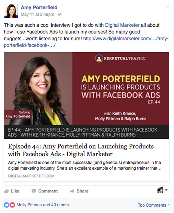 Amy Poterfield shares on her Facebook page the Perpetual Traffic podcast episode she was a guest on.