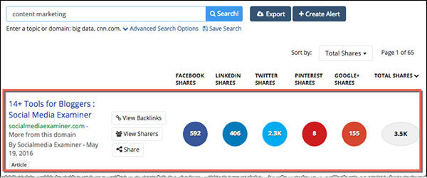 Searching for “content marketing”on Buzzsumo.