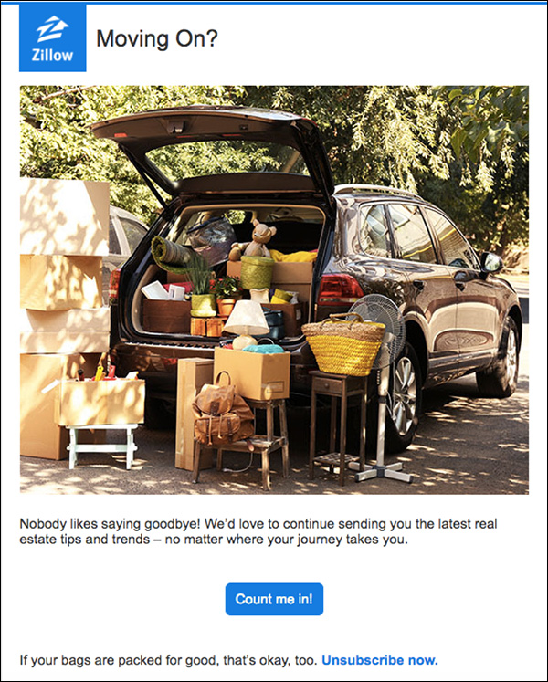 An example of a re-engagement email from Zillow