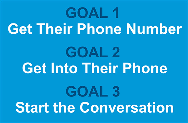 Goal 1: Get their phone number. Goal 2: Get into their phone. Goal 3: Start the conversation. ~Oliver Billson Content & Commerce 2017 Presentation Slide