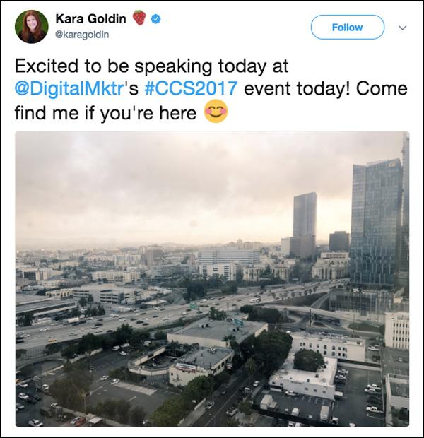 Kara tweets her excitement before her keynote at Content & Commerce Summit 2017