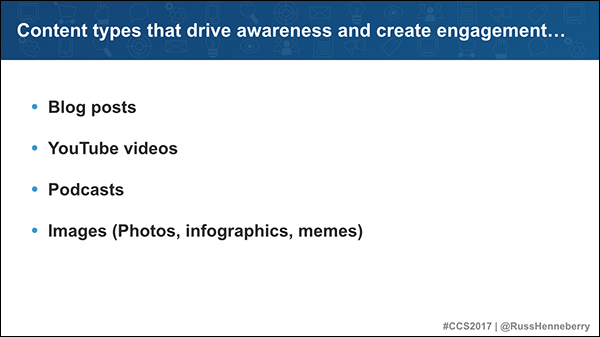Content types that drive awareness and create engagement: blog posts, YouTube videos, podcasts, images