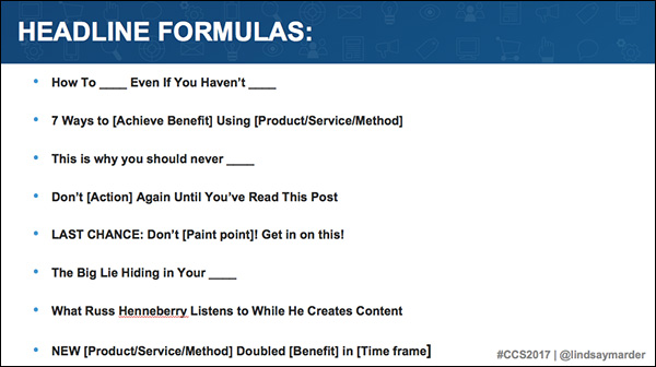 Headline formulas from Lindsay Marder's presentation at Content & Commerce Summit 2017