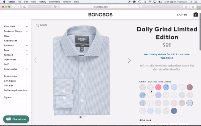 Men's Bonobos Daily Grind Limited Edition Shirt that lets users select different shirt patterns and see what the shirt looks like