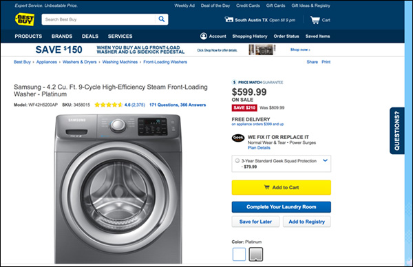 A Best Buy product page for a front-loading washing machine