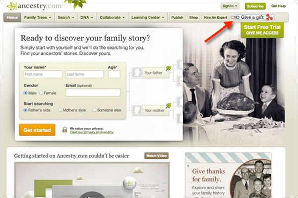 "Give a gift" call-to-action with Ancestry.com