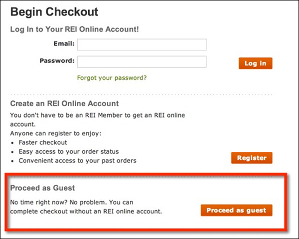 REI letting customers create an account or checkout as a guest