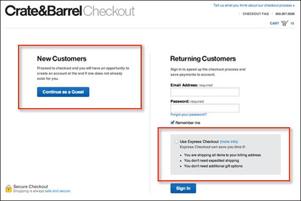Crate & Barrel letting new customers checkout as a guest and returning customers use Express Checkout