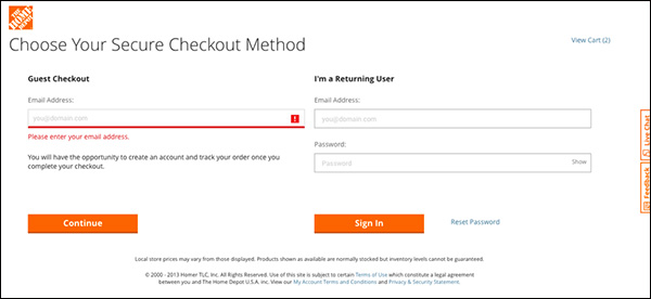 Home Depot requiring an email address to checkout as a guest