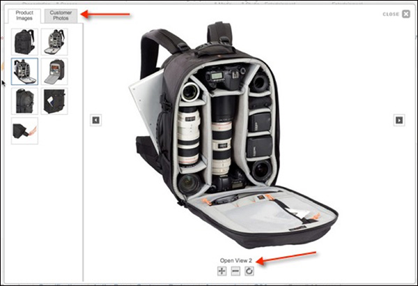 B&H provides lots of images and ways for customers to interact when looking at this camera bag, including customer photos