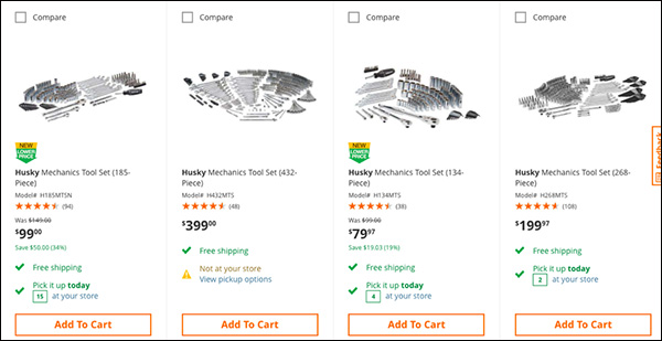A "grid view" example from Home Depot