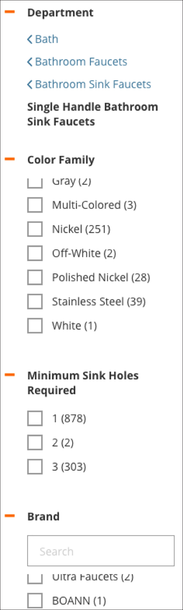 Home Depot filtering options