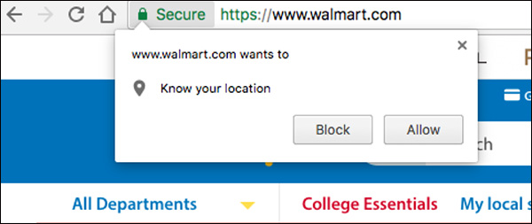 Walmart prompting a user with a notification asking for location access