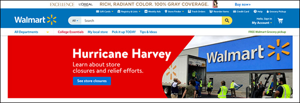 Walmart using a static banner image on their website giving information on store closures and relief efforts after Hurricane Harvey
