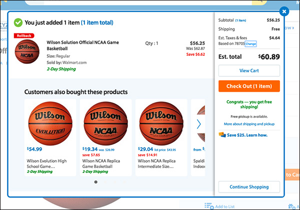 An example of an Add to Cart interstitial when adding a basketball to the cart