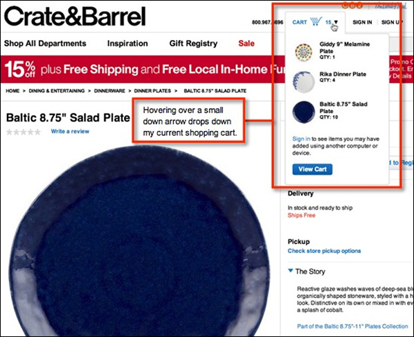 Crate&Barrel making the shopping cart visible from any page on their site