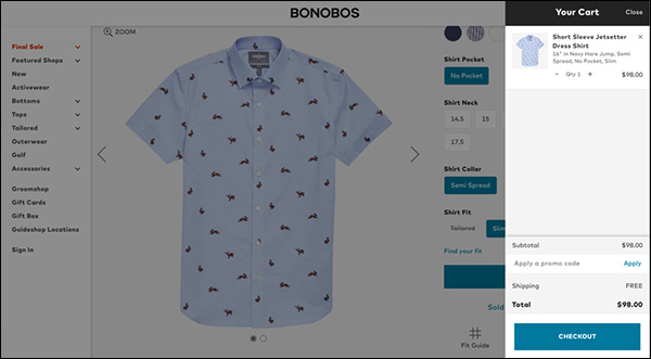 Bonobos shopping cart showing up on the same page
