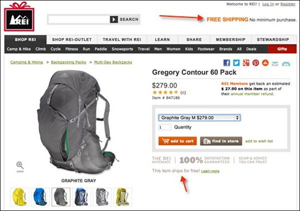 REI prominently making it known that they offer free shipping in multiple sections on their product page