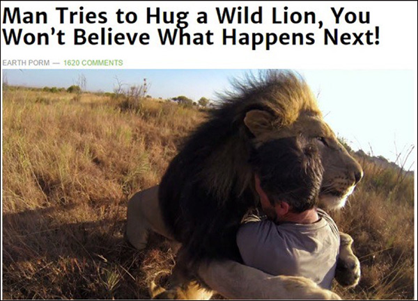 An example of clickbait: "Man Tries to Hug a Wild Lion, You Won't Believe What Happens Next!"