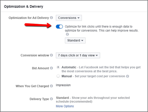 Selecting "optimize for link clicks" under Optimization & Delivery in the Facebook platform