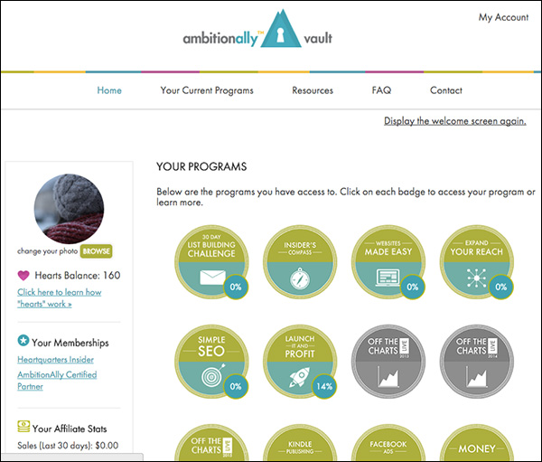 AmbitionAlly using a dashboard in their members' platform to show what a user has access to, and what products the member doesn't have, creating a chance to cross-sell