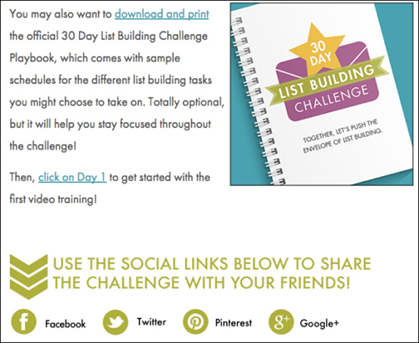 Social share buttons with a CTA at the bottom of the challenge's landing page