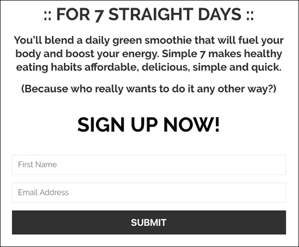 An example of a challenge landing page to capture email addresses