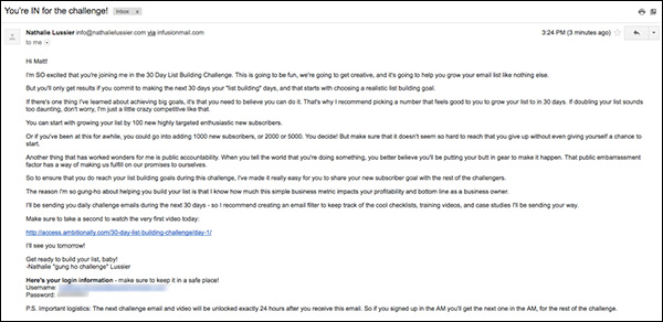 An example of a challenge email welcoming a participant to the challenge